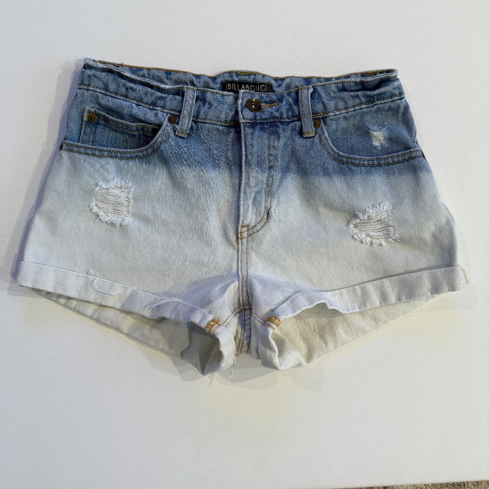 Billabong Cheeky Y2K Booty Shortie Shorts Ombre Blue Jean Distressed 27 J219BHIG